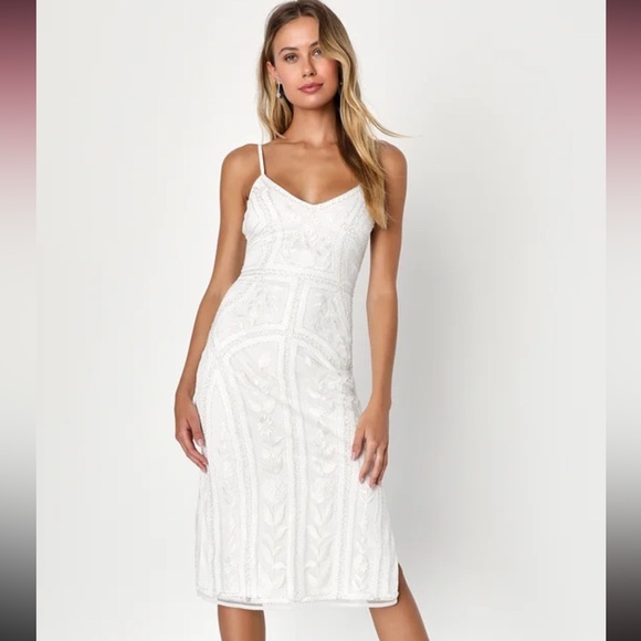 Alluring Interest White Sequin Embroidered Sleeveless Midi Dress - Picture 1 of 5